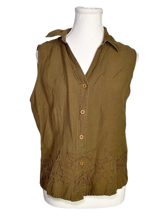 Norton McNaughton Tops - Norton McNaughton Y2K Earthy Linen Blend Floral Embroidered Button-Down Top